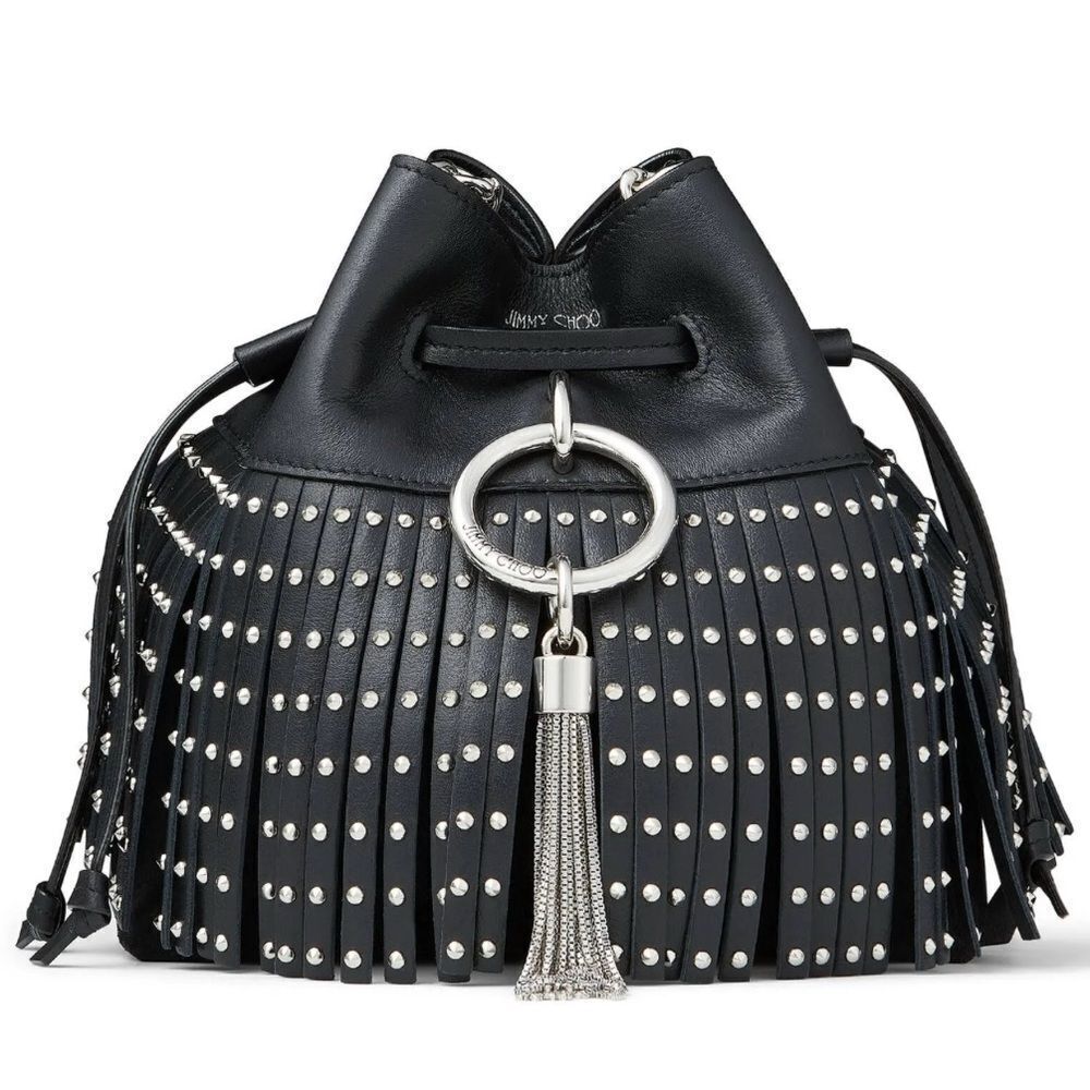 Auth Jimmy Choo Black Leather Callie Fringe Studded Mini Bucket Bag Crossbody